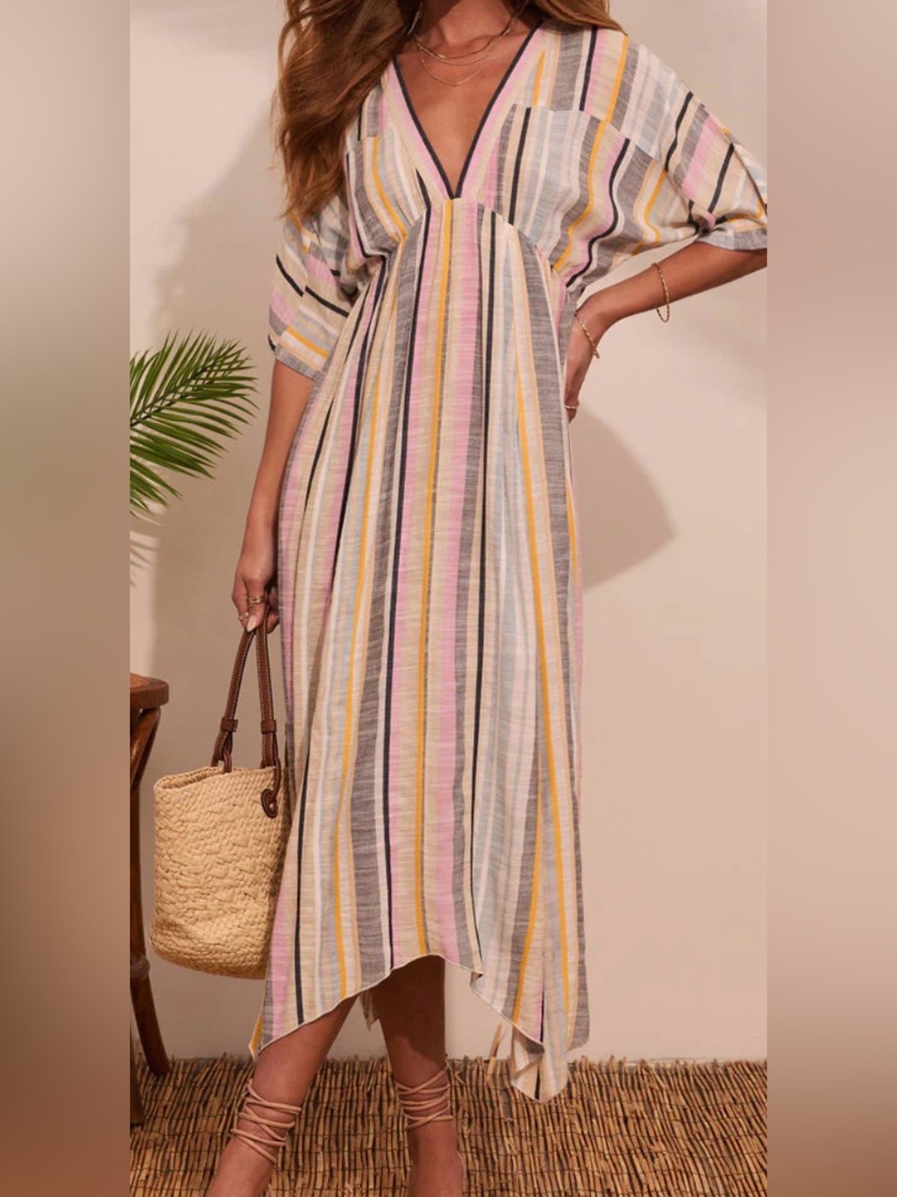 ENCREME Stripe V-Neck Maxi Dress Pastel Pink Yellow stripe vacation cruise large